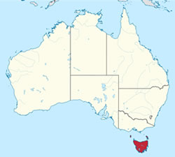 Tasmania marked in red [CC BY-SA 3.0 (http://creativecommons.org/licenses/by-sa/3.0)], via Wikimedia Commons]