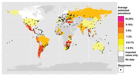 Map with estimated CTVT prevalence in different countries. CTVT prevalence was estimated via responses to a survey; locations of survey respondents are indicated with black dots. For more information see Strakova and Murchison BMC Veterinary Research Sept
